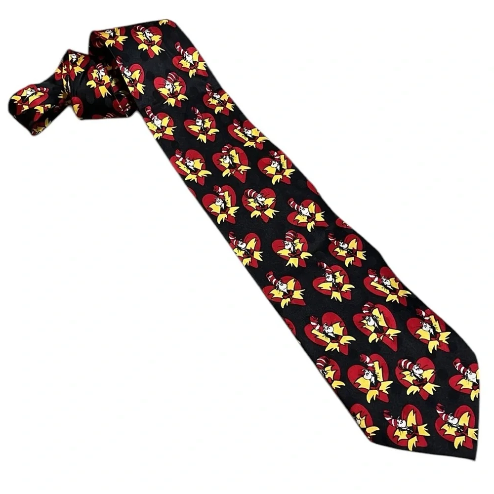 DR. SEUSS VINTAGE 90’s CAT IN THE HAT SILK TIE BLACK RED WHITE YELLOW